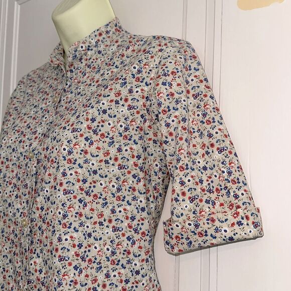Vintage 60s Shapely Tan Floral Print Collarless Short Sleeve Cotton Shirt - Picture 4 of 8